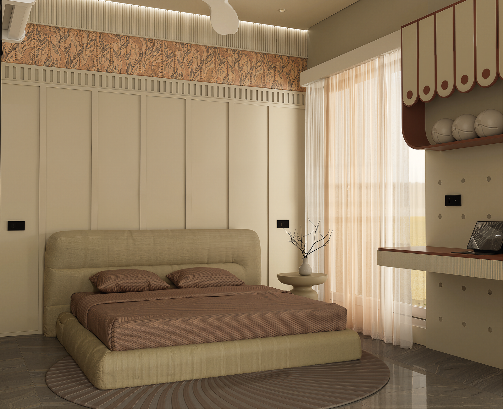 Bedroom with floral wallpaper border, upholstered bed and study desk
